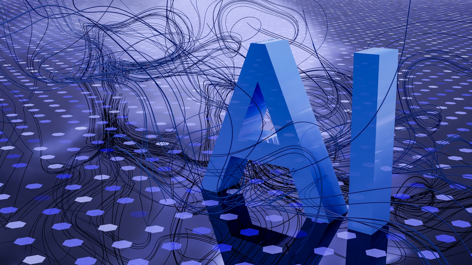 Abstract 3D render of the letters AI on a glowing blue surface