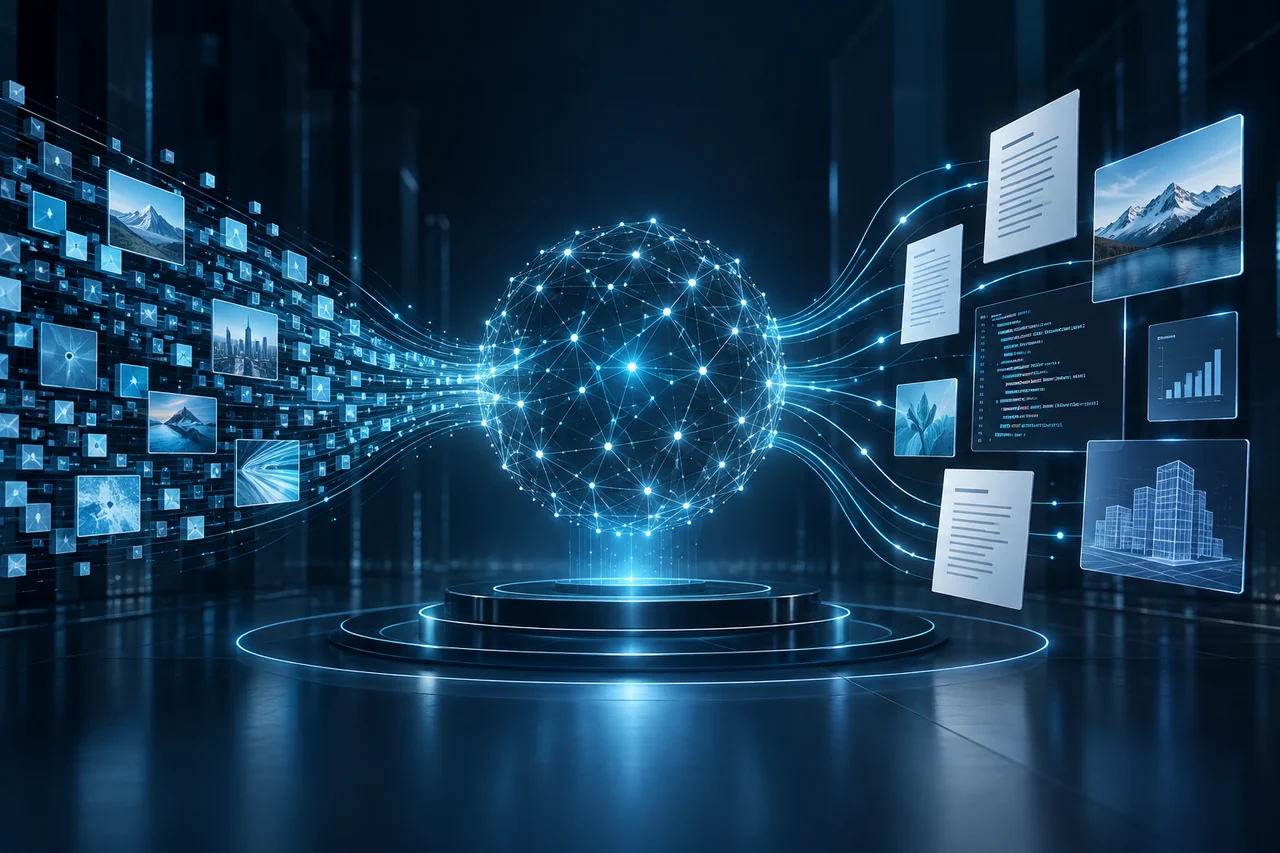 Abstract generative AI system creating digital content from connected business data
